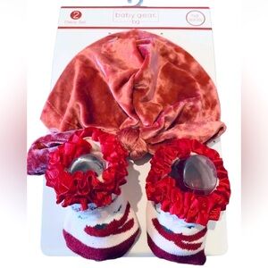 Baby Gear Hat Bootie Set, Baby Girl, Red Pink Velvet, 0-6 Months, Gift Set, NEW